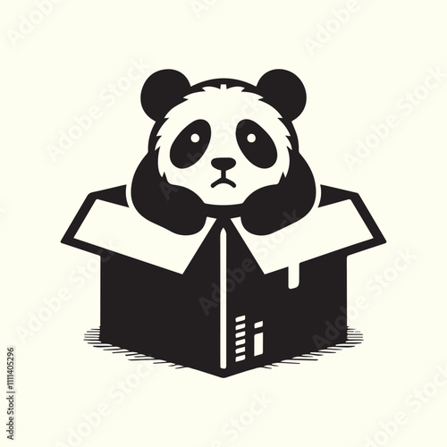 black sad panda abandoned in a cardboard box vector, panda silhouette vector illustration design.