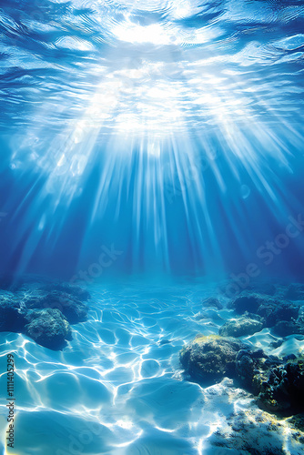 The image is of a beautiful blue ocean with sunlight shining through the water