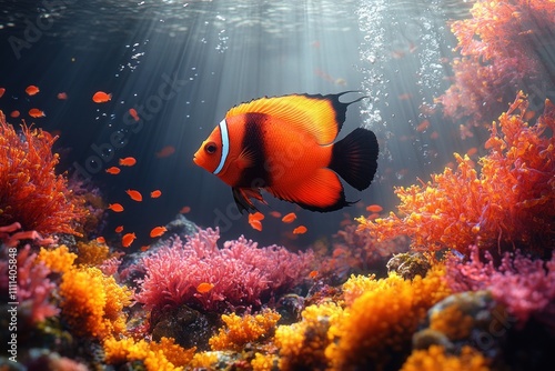 Majestic Coral Fish Underwater Scene with Colorful Coral Reef and Soft Sunlight in the Ocean photo