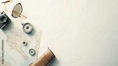 Essential travel items including a map, compass, small camera, and sunglasses are arranged on a clean white background, ready for adventure. Generative AI photo