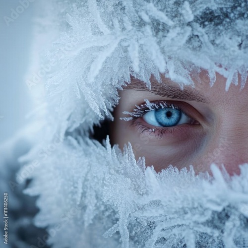 Close-up of a person with icy eyelashes and bright blue eyes in a snowy environment during winter photo