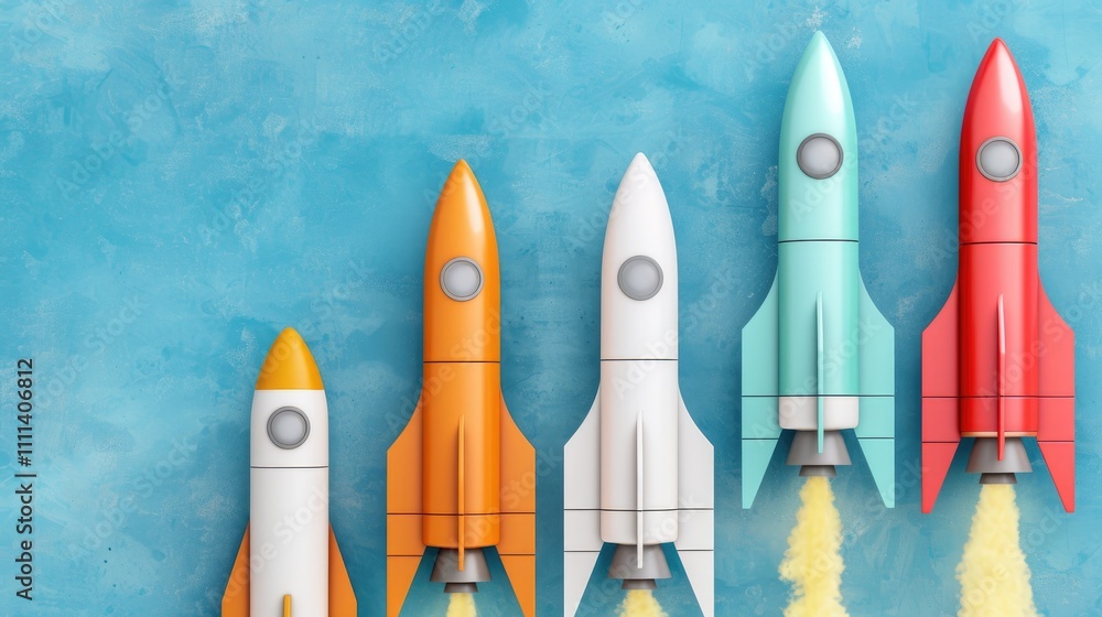 A vibrant illustration of colorful rockets launching against a blue background, symbolizing innovation, creativity, and progress. A vibrant illustration of colorful rockets launching against a blue background, symbolizing innovation, creativity, and progress.