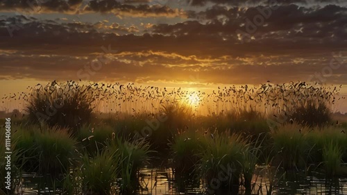 Animation of Birds Singing at Dawn. Birds singing in the reed grass as the day begins, with the soft morning light casting a serene glow. Gentle motion. photo