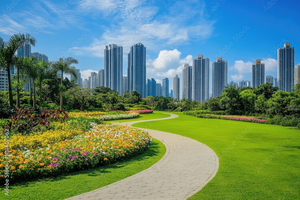 City Park with Green Lawns and Colorful Flowers Leading to Shenzhen Futian Glorious Bay Business Center, Clear Sky and Cityscape City Park with Green Lawns and Colorful Flowers Leading to Shenzhen Futian Glorious Bay Business Center, Clear Sky and Cityscape