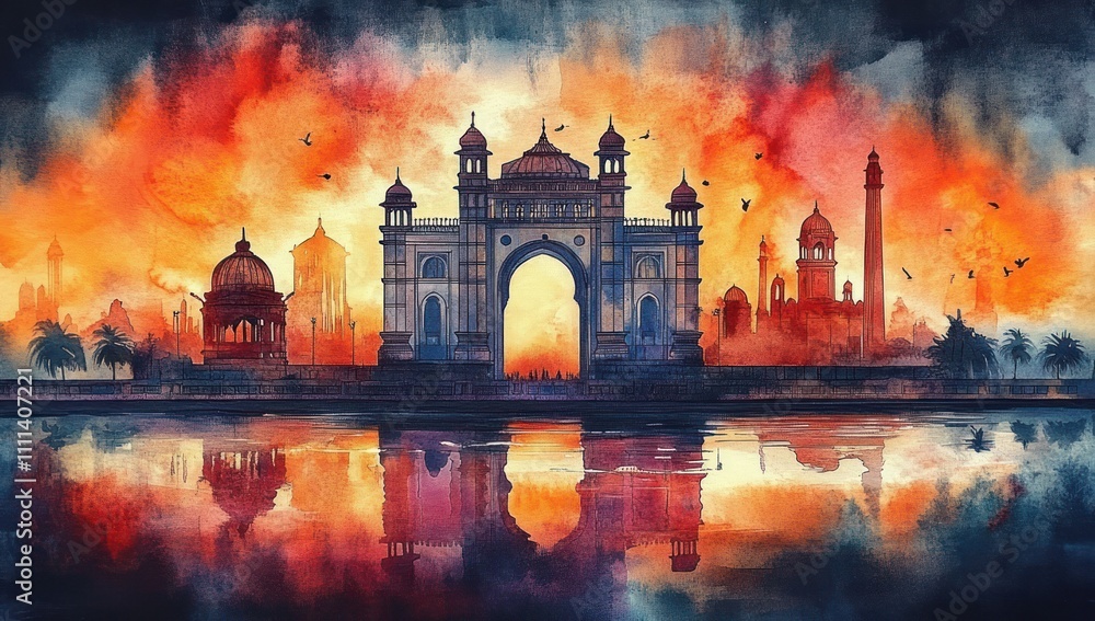Naklejka premium Gateway of India Sunset Watercolor Illustration Vibrant Celebration of Maharashtra Day Culture and Tradition