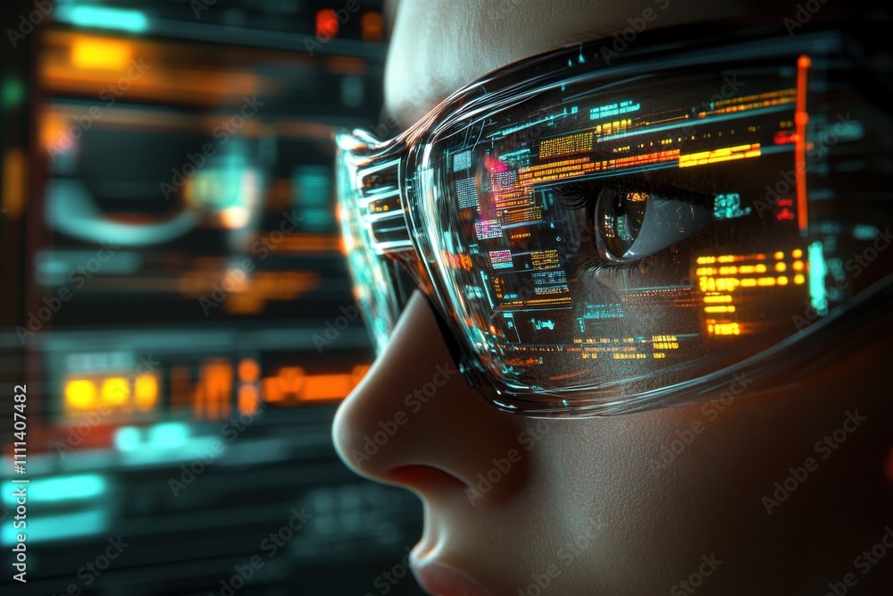 Futuristic Close-Up of Person Wearing Smart Glasses with Digital Interface Reflections, Showcasing Advanced Technology and Data Processing Capabilities in a High-Tech Environment Futuristic Close-Up of Person Wearing Smart Glasses with Digital Interface Reflections, Showcasing Advanced Technology and Data Processing Capabilities in a High-Tech Environment