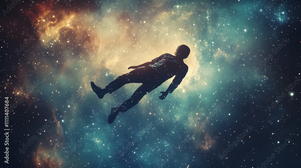 A Solitary Figure Floating in a Vibrant Cosmic Space Surrounded by Celestial Bodies and Colorful Nebulas Illustrating the Vastness of the Universe A Solitary Figure Floating in a Vibrant Cosmic Space Surrounded by Celestial Bodies and Colorful Nebulas Illustrating the Vastness of the Universe