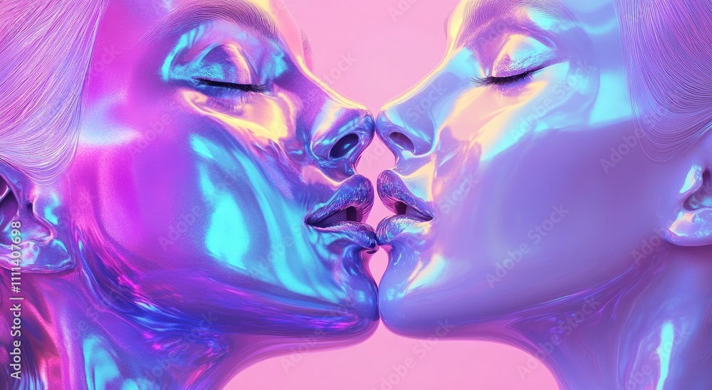 Two faces made of liquid holographic metal, kissing each other, against a pink background Two faces made of liquid holographic metal, kissing each other, against a pink background