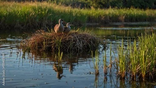 Animation of Marsh Birds Nesting. Birds gently caring for their young in the reed grass meadows, with their quiet movements creating a calming and tranquil wildlife scene. Realistic motion. photo