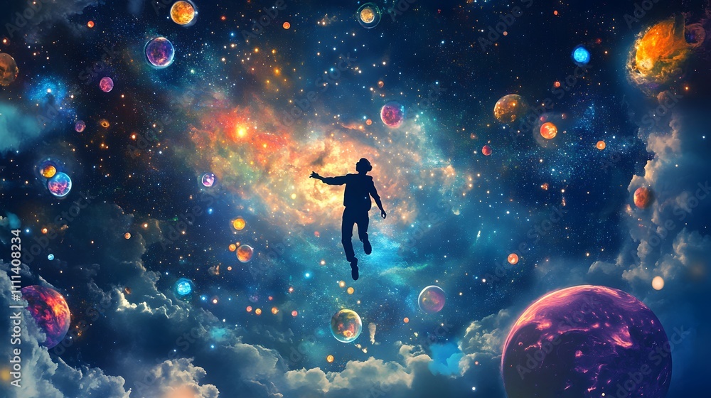 An ethereal figure floats in a vibrant cosmic landscape filled with colorful galaxies, planets, and sparkling stars, symbolizing exploration and the vastness of the universe. An ethereal figure floats in a vibrant cosmic landscape filled with colorful galaxies, planets, and sparkling stars, symbolizing exploration and the vastness of the universe.