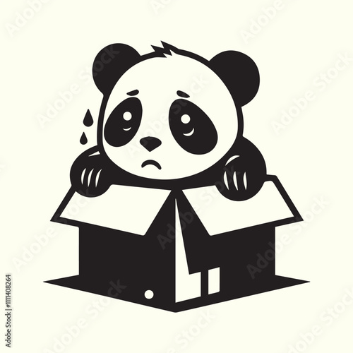 black sad panda abandoned in a cardboard box vector, panda silhouette vector illustration design.