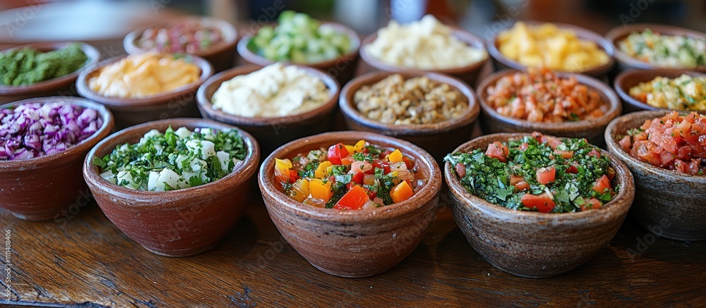 A table filled with small bowls of various colorful dips, spreads, and salads, arranged in a line on a wooden surface. A table filled with small bowls of various colorful dips, spreads, and salads, arranged in a line on a wooden surface.