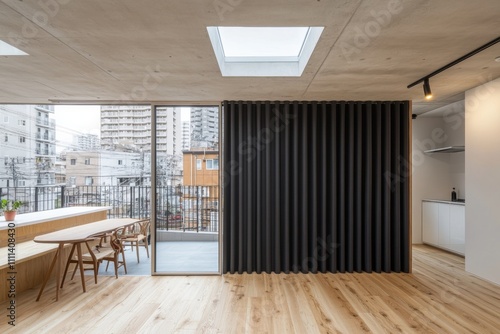 Modern minimalist interior of an apartment showcasing a sleek design with wooden flooring  concrete walls  large windows  and a stylish partition for an open yet cozy atmosphere