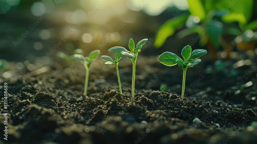 Seedlings Growing in Soil with Sunlight, Green Background, Symbolizing New Life and Growth in Nature Seedlings Growing in Soil with Sunlight, Green Background, Symbolizing New Life and Growth in Nature