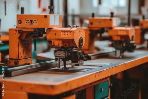 Orange Industrial Machinery in a Workshop Setting Featuring Multiple Machines on a Workbench, Showcasing Precision Tools and Equipment in a Manufacturing Environment