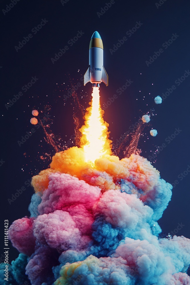 Naklejka premium Rocket taking off from the clouds. 3D illustration.