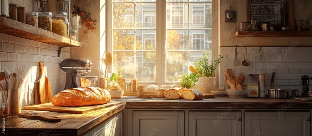 A rustic kitchen with a window overlooking a city street and a loaf of bread on a wooden countertop. A rustic kitchen with a window overlooking a city street and a loaf of bread on a wooden countertop.