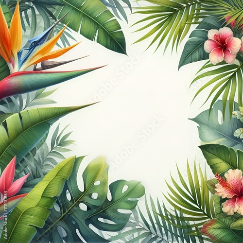 Fresh Exotic Jungle Background with Copy Space Menu Border Made of Tropical Leaves & Flowers. Watercolor For Summer Vibes Greeting Cards Posters Banners Placards Cafe Coffee Shop Hawaii Bar Restaurant photo