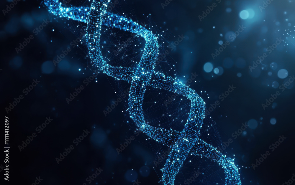 A close-up of a blue DNA strand against a dark blue background with bokeh effect. A close-up of a blue DNA strand against a dark blue background with bokeh effect.