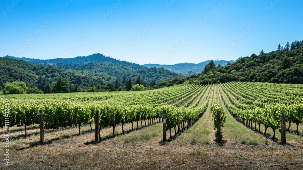 An expansive vineyard landscape with rows of grapevines under a clear blue sky, Vineyard scene, Natural elegance style An expansive vineyard landscape with rows of grapevines under a clear blue sky, Vineyard scene, Natural elegance style