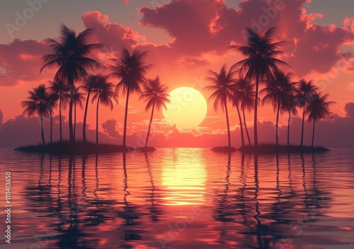 Tropical Beach Sunset with Palm Trees and Calm Water Reflection
