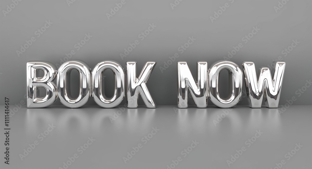 Book now word 3d shiny silver metallic lettering render on plain background Book now word 3d shiny silver metallic lettering render on plain background