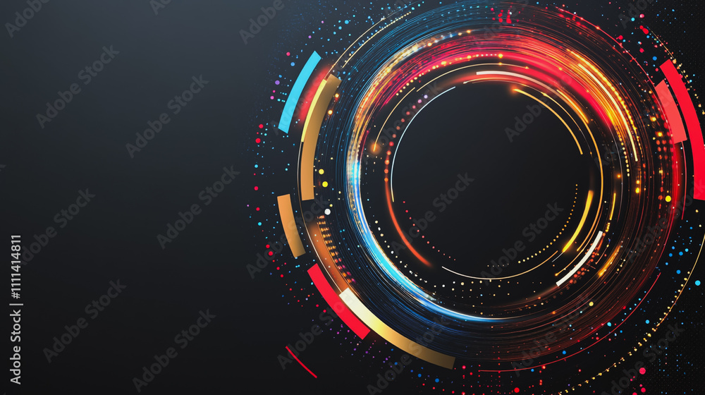 Abstract black background with Colorful circle lines. Digital future technology . Abstract business connection of lines from nodes innovation of communication in the network. Abstract black background with Colorful circle lines. Digital future technology . Abstract business connection of lines from nodes innovation of communication in the network.