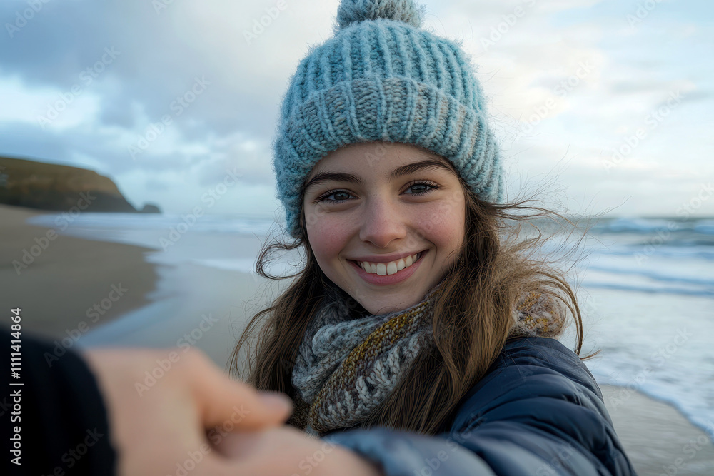 Charming romantic a woman hold your hand turn camera smiling laughing happily with couple lovely on beach background. Charming romantic a woman hold your hand turn camera smiling laughing happily with couple lovely on beach background.