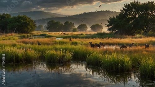 Wildlife Animation. Vibrant wildlife moving peacefully through reed grass meadows, creating a tranquil and harmonious wildlife scene. Realistic motion. photo