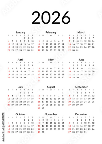 2026 Calendar year vector illustration. The week starts on Sunday. Annual calendar 2026 template. Calendar design in black and white colors, Sunday in red colors. Vector, made with Inkscape