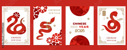 Happy Chinese New Year on red background with snake,lantern.Translate: Happy new year