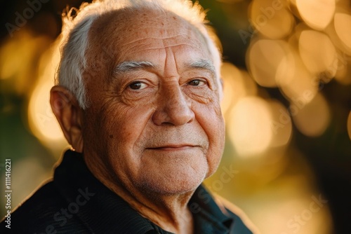 Portrait of Smiling Elderly Hispanic Man in Golden Sunlight Outdoors