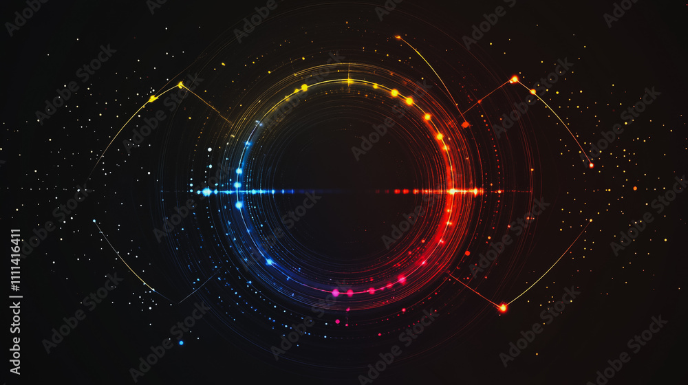 Obraz premium Abstract black background with Colorful circle lines. Digital future technology . Abstract business connection of lines from nodes innovation of communication in the network.
