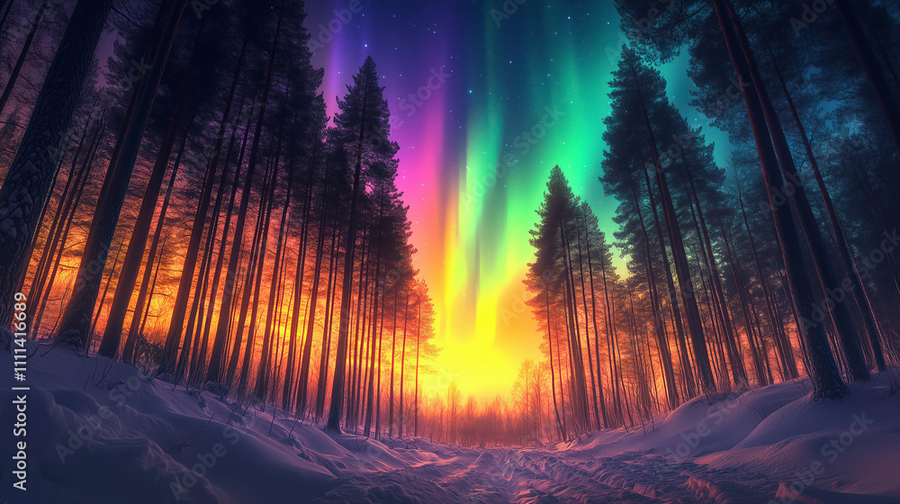 A forest in Scandinavia with the colourful northern lights in the sky with snow on the ground A forest in Scandinavia with the colourful northern lights in the sky with snow on the ground
