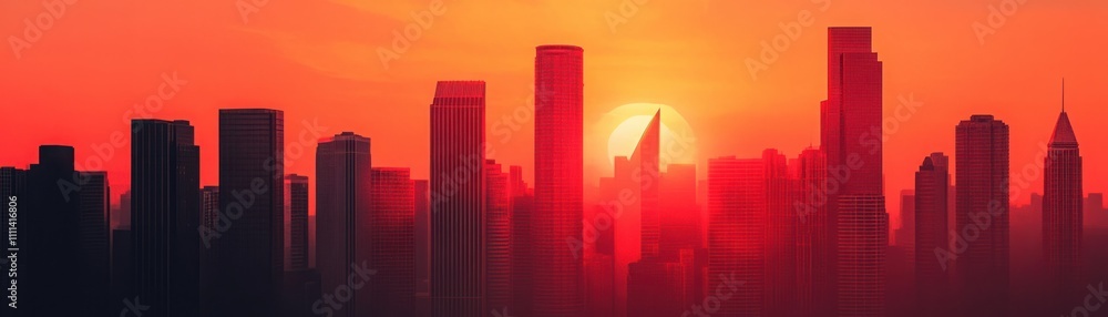 Φωτογραφία Stunning Sunset Over Urban Skyline with Silhouettes of Tall Buildings, Bathed in