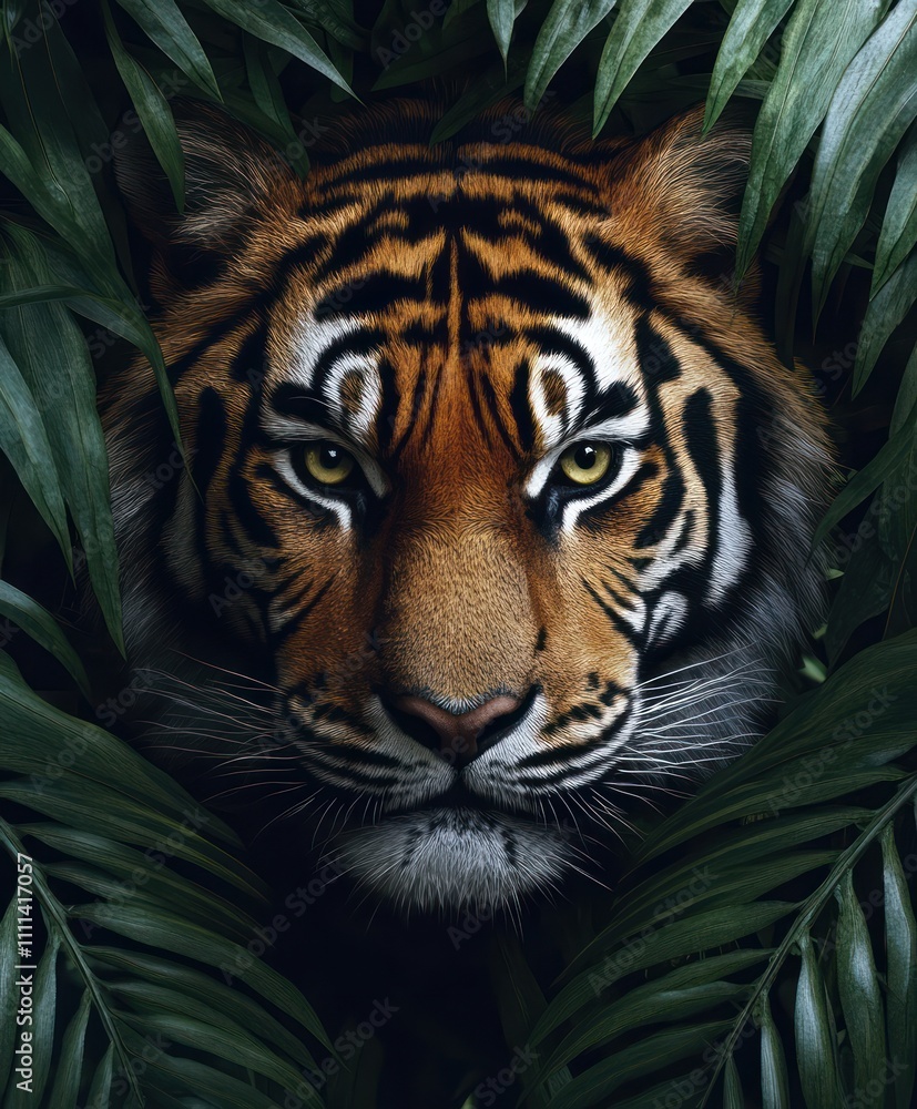 Tiger Prowling Through Dense Jungle Foliage Tiger Prowling Through Dense Jungle Foliage