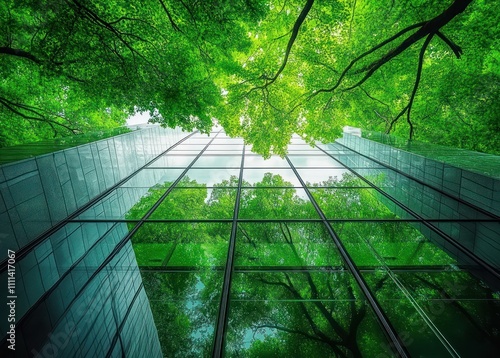 Sustainable Eco-Friendly Modern Glass Office Building with Greenery for Carbon Reduction and Energy Efficiency photo