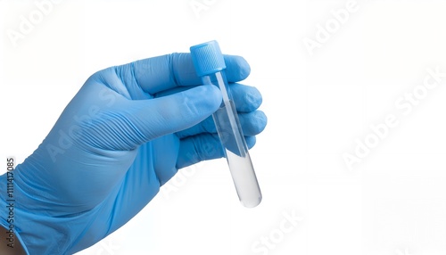 Gloved hand holding a clear test tube with a light blue cap against a white background.