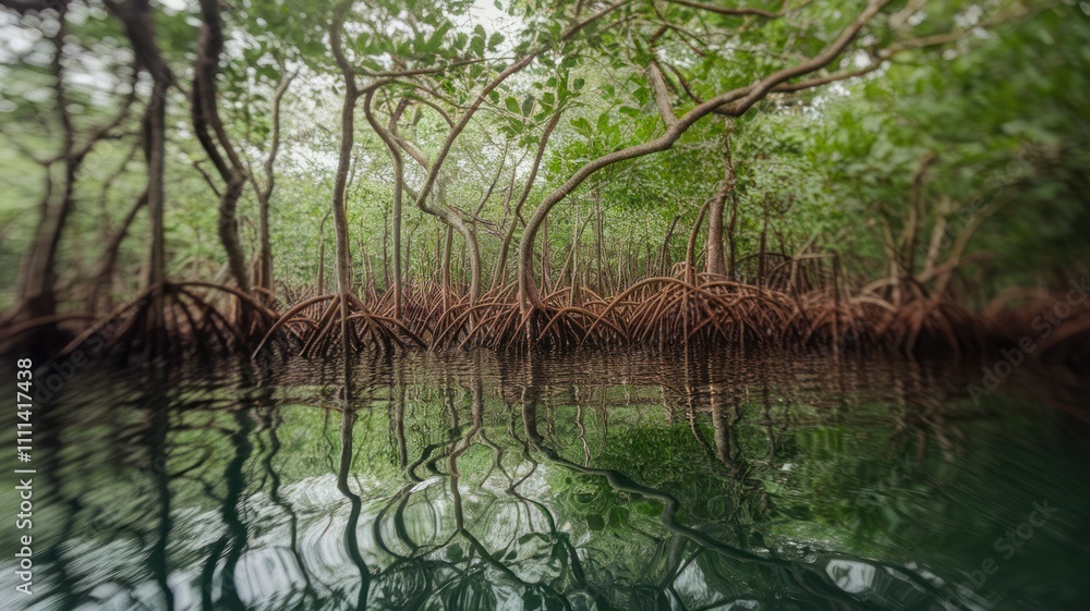 Lush mangrove forest reflected in calm tidal waters. Lush mangrove forest reflected in calm tidal waters.