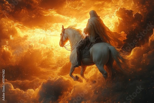 Jesus Christ Michael Blood Red Cloak White Horse Dramatic Sunset Baroque Art Victory Judgment Angel Second Coming photo