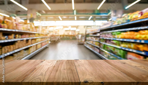 Wooden table for product display.Supermarket background.Interior background with bokeh effect.