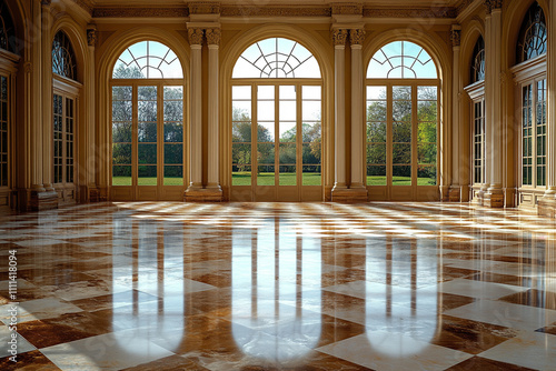 Elegant Grand Hall With Arch Windows And Marble Floor