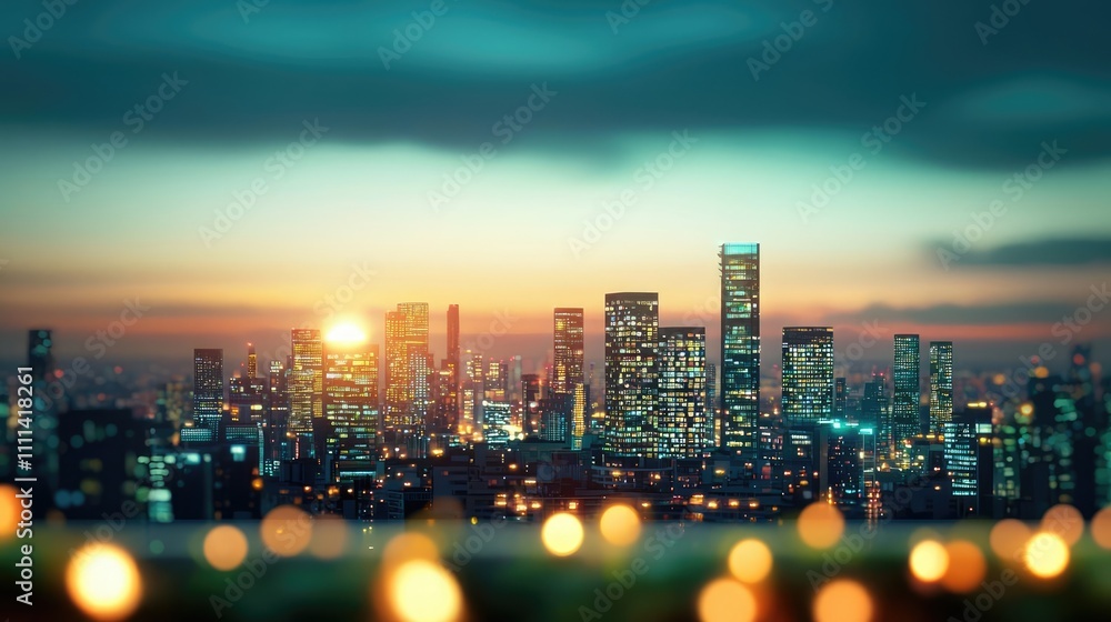 Obraz premium Stunning city skyline at sunset, illuminated buildings and vibrant sky.