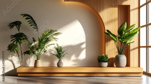 Sunlit Zen Garden Corner: 3D Render of Tranquil Indoor Plantscape AI Generated