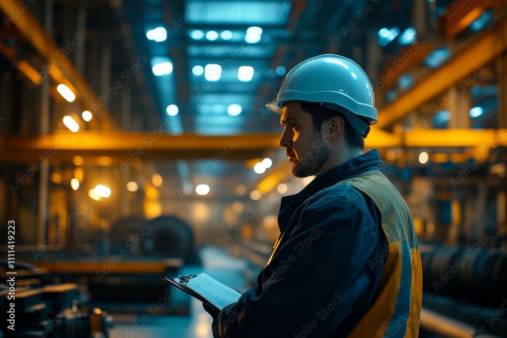 Industrial Worker in Safety Gear Holding Clipboard in Modern Warehouse Environment with Ambient Lighting and Machinery in Background Industrial Worker in Safety Gear Holding Clipboard in Modern Warehouse Environment with Ambient Lighting and Machinery in Background