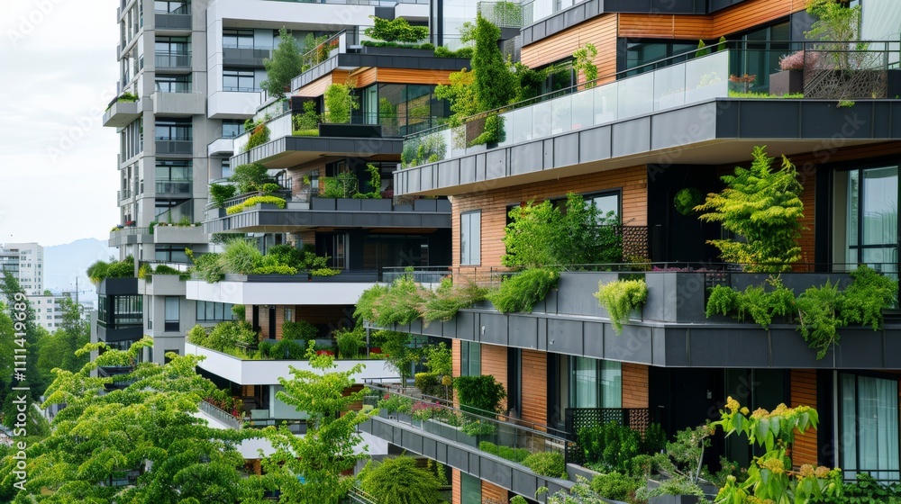 Close-up of modern apartment buildings with balconies and rooftop gardens Close-up of modern apartment buildings with balconies and rooftop gardens