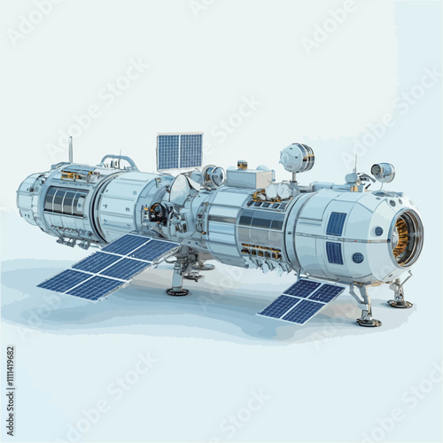 Space station with solar panels on a white background. 3d rendering.eps