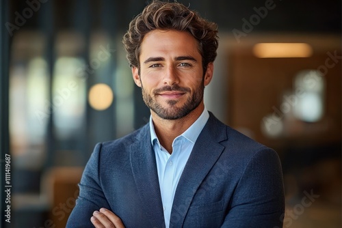 Confident young businessman posing in office smiling at camera elegant corporate leader executive professional