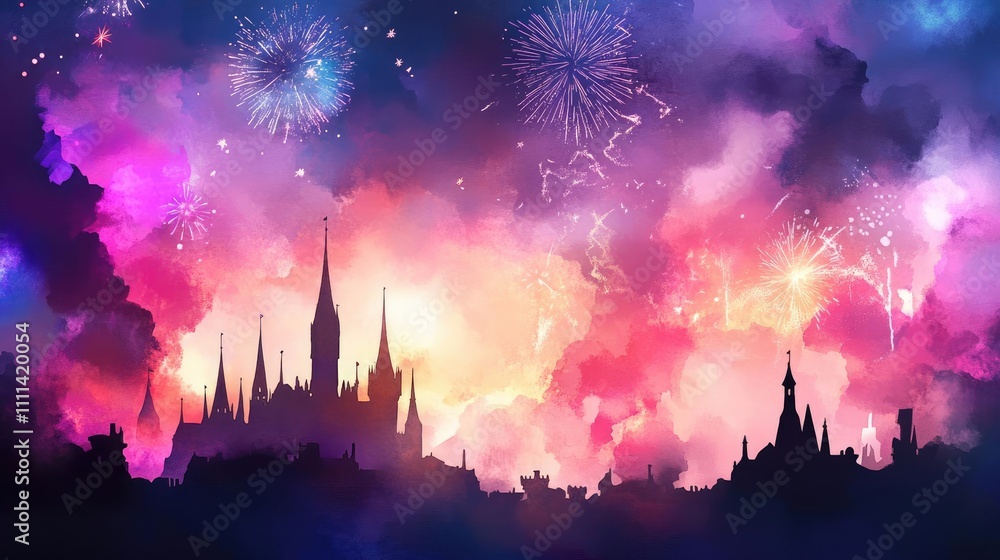 Fireworks bursting over a grand castle, majestic and festive New Year atmosphere, Watercolor style Fireworks bursting over a grand castle, majestic and festive New Year atmosphere, Watercolor style