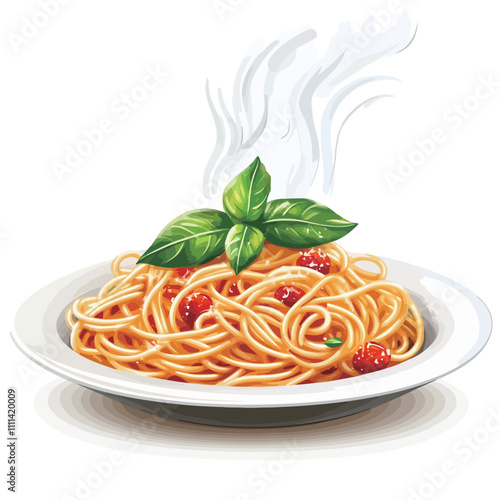 Spaghetti with tomato sauce and basil on a white background. Vector illustration.eps